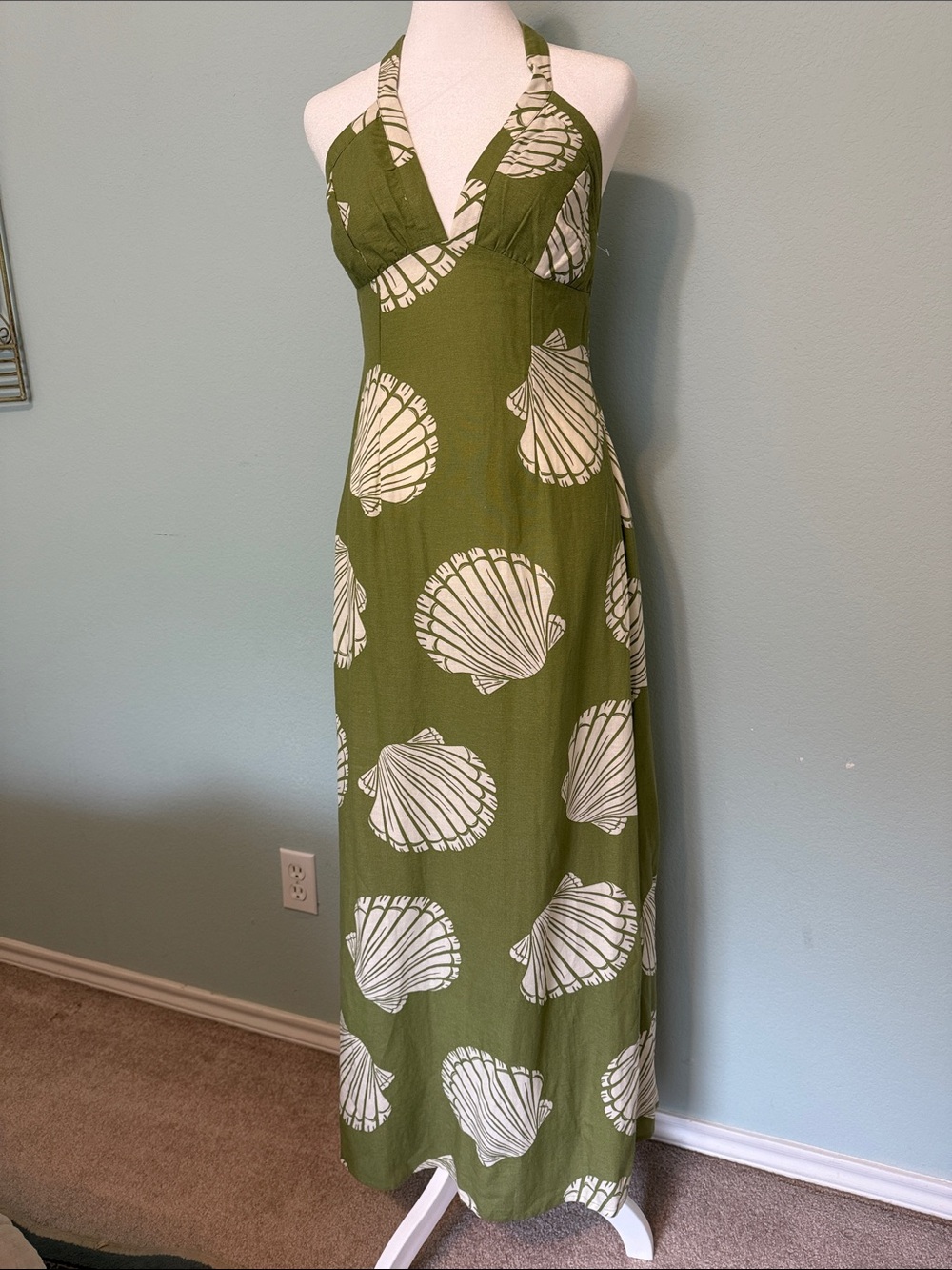 Olive Green Halter Maxi Dress with White Shell Motif